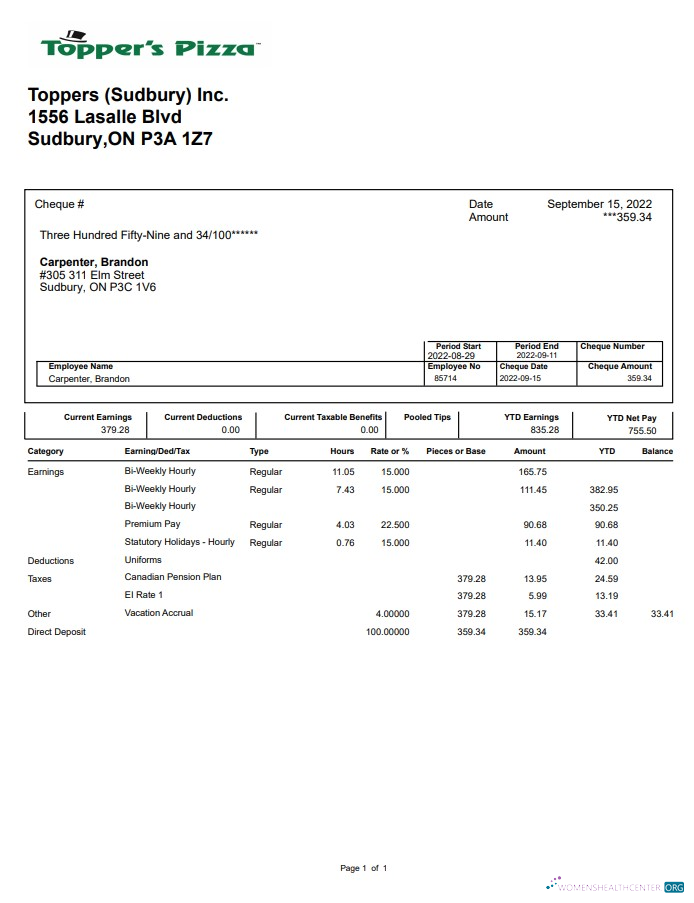 Download Topper's Pizza pay stub Photoshop template